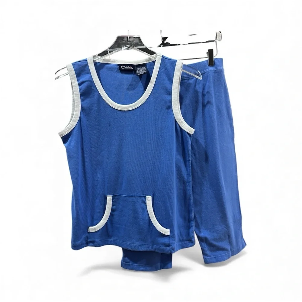 Blue and White Comfy Sleeveless Top and  Cropped Pants Set